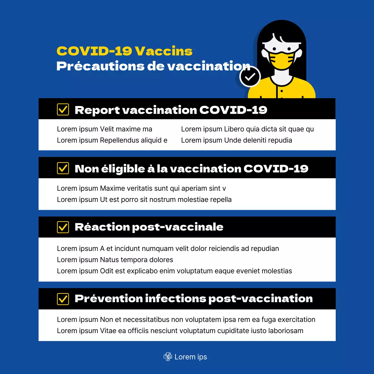 Affiche carrée sur la vaccination contre le coronavirus avec illustration et tableau dans les tons bleus.