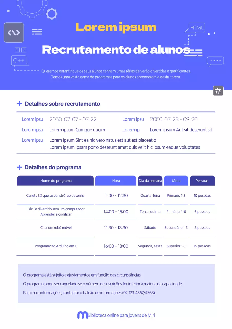 Recrutamento para um curso de férias de verão azul e simples