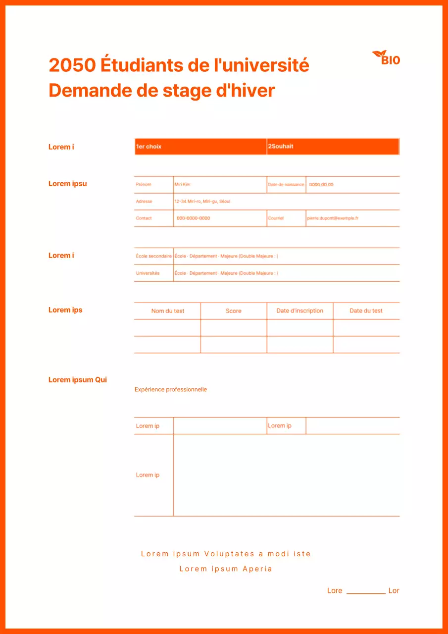 Curriculum vitae d'un stagiaire d'hiver avec un schéma de couleurs orange simple