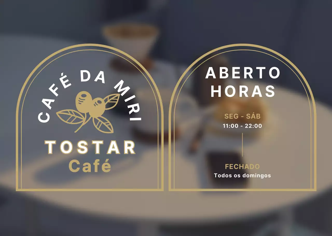 Café branco e dourado de estilo vintage com horário de funcionamento
