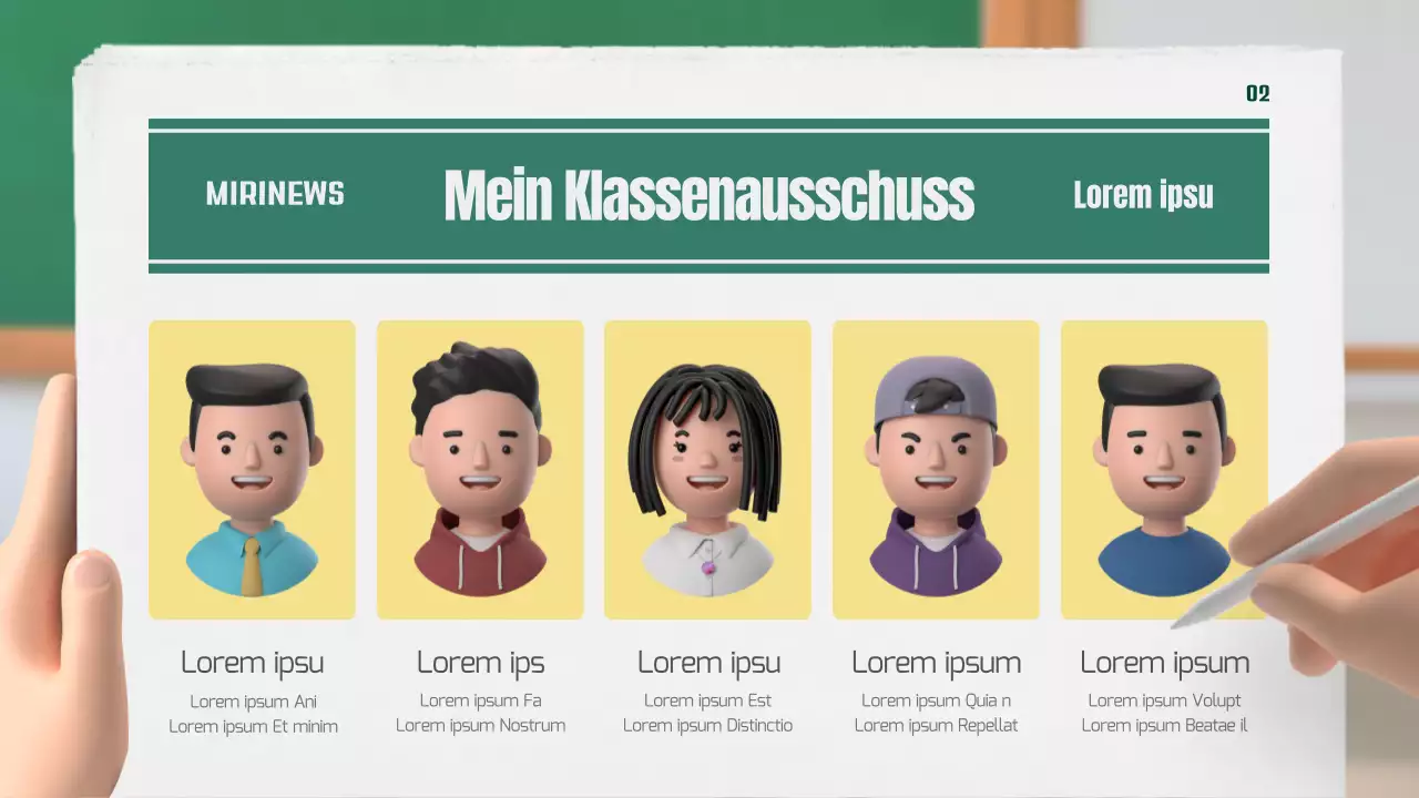 Unsere Klassenzeitung in grün und gelb, 3D stereoskopisch