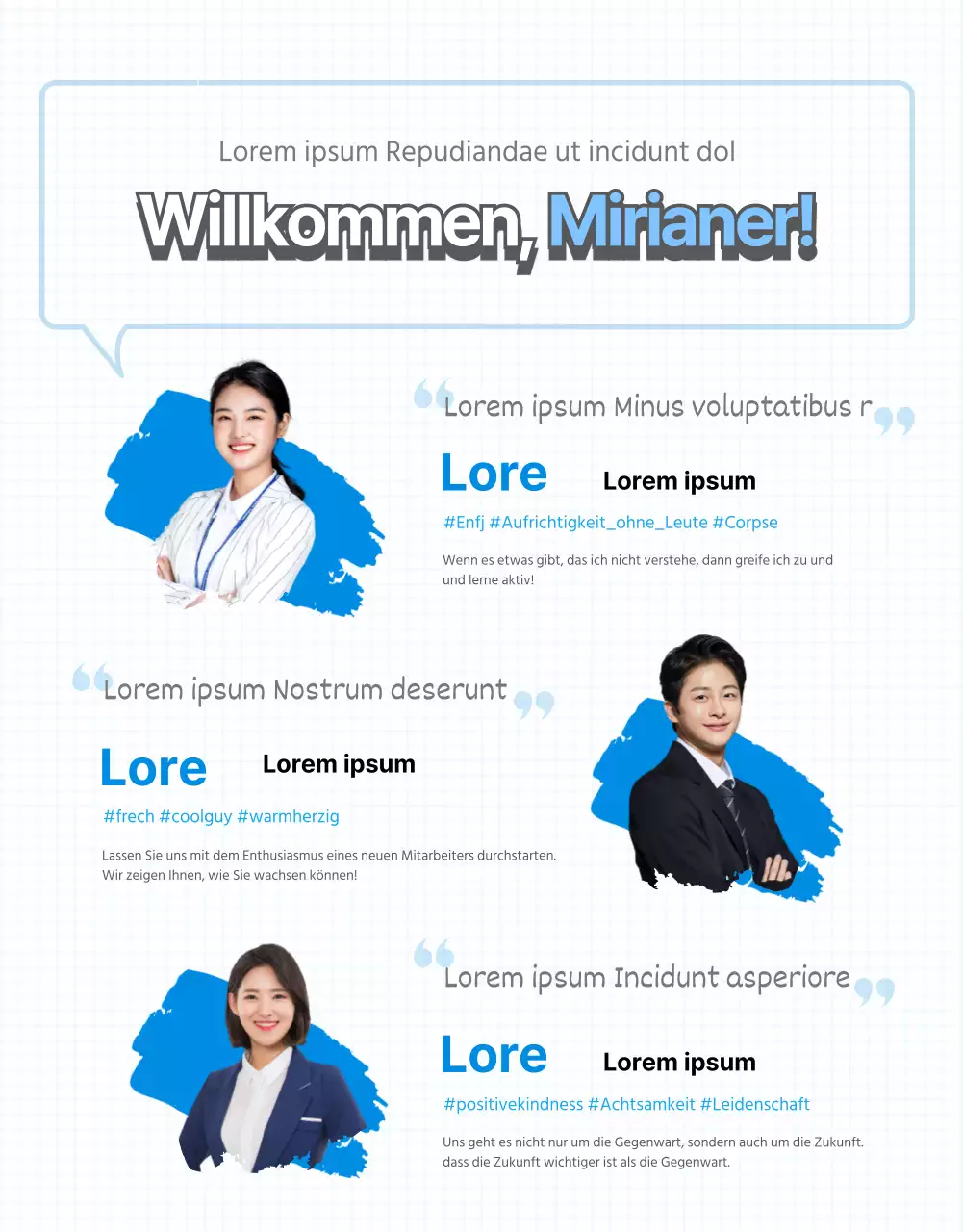 Blaues und gelbes Webzine mit einführendem Firmen-Newsletter