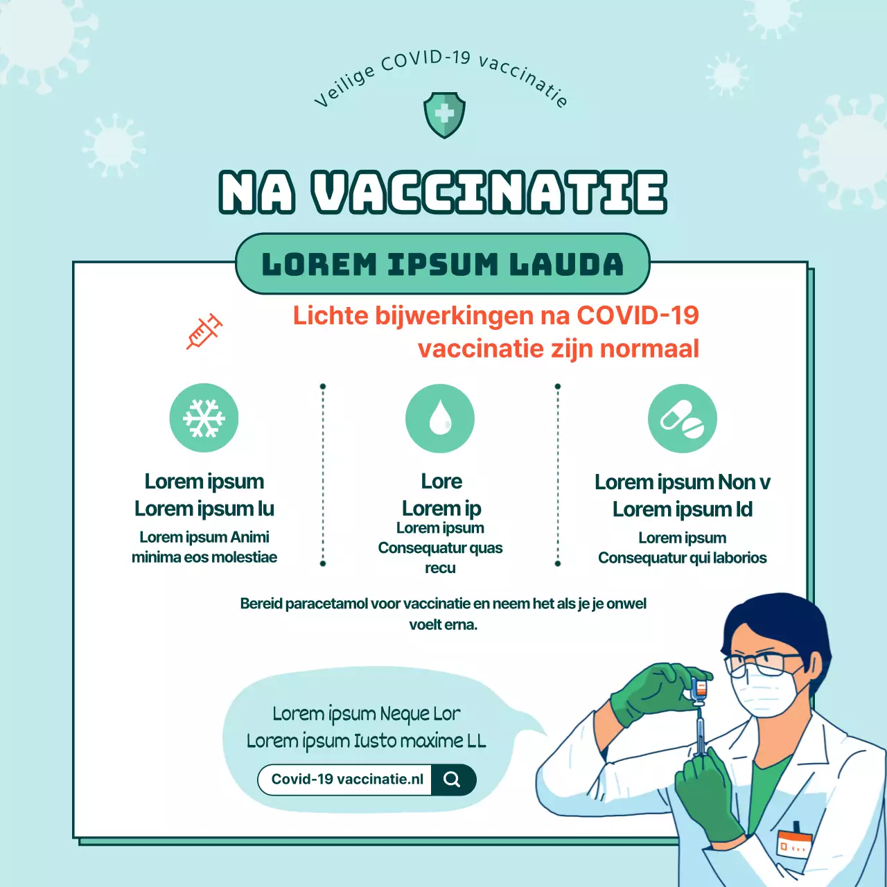 Geïllustreerde lichtblauwe en groene instructies voor vaccinatie tegen het coronavirus