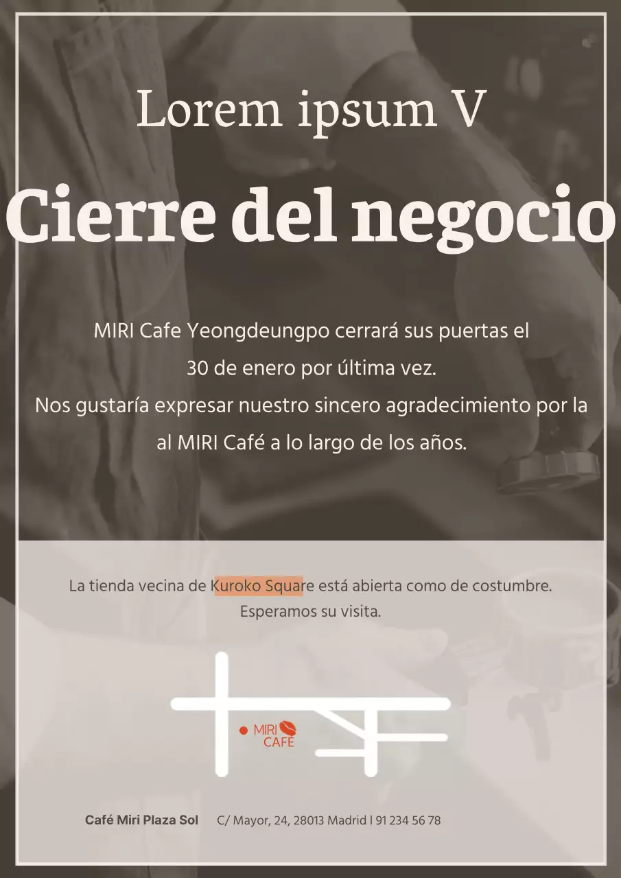 Un sencillo anuncio de clausura en marrón y naranja