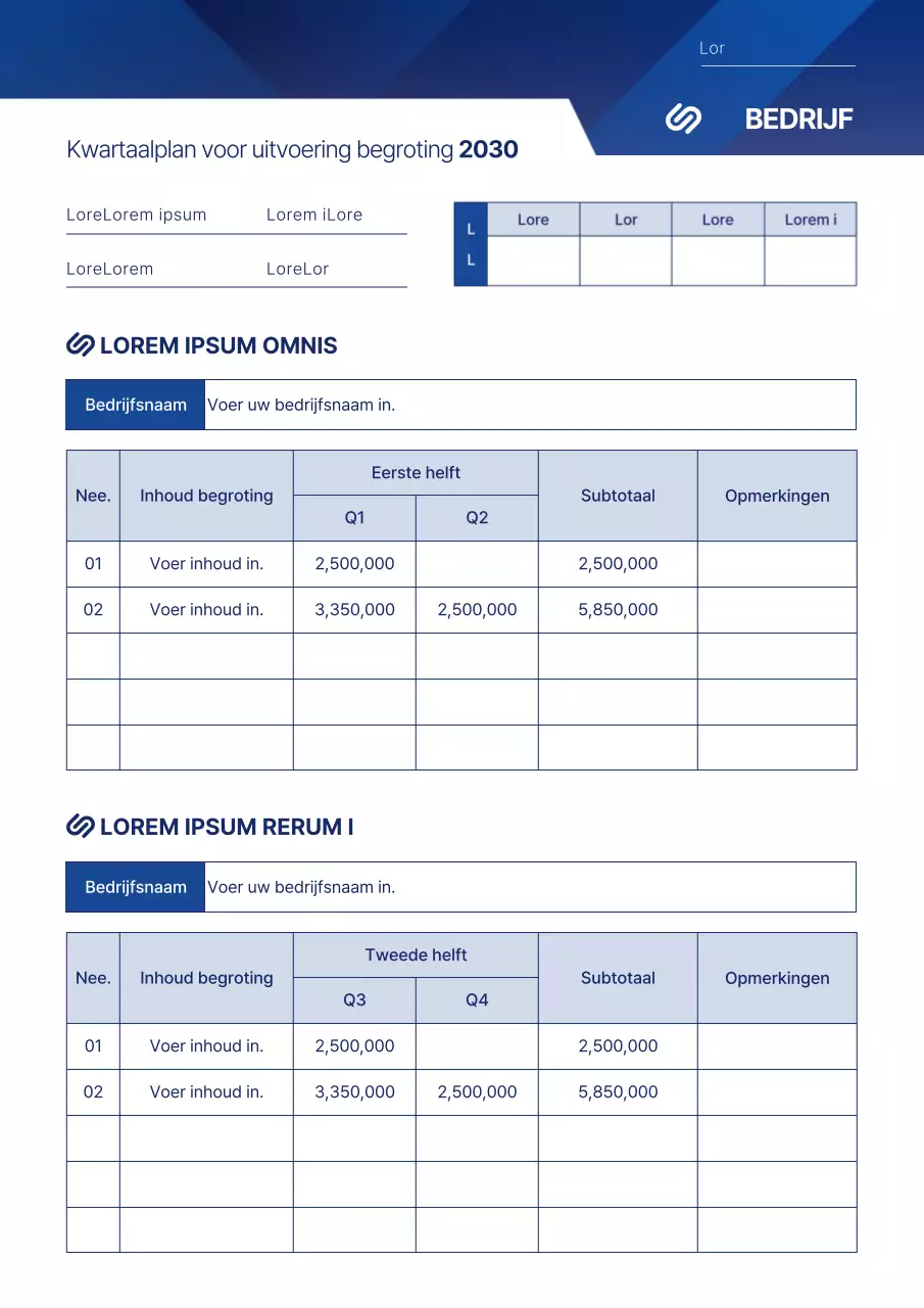 Driemaandelijks budgetuitvoeringsplan in blauwe grafische stijl