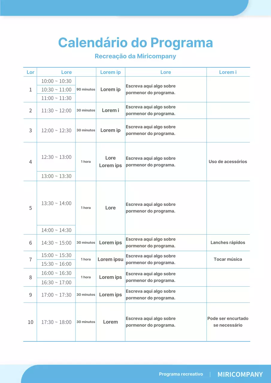 Programa recreativo simples, calendário de eventos, formato de documento em azul claro