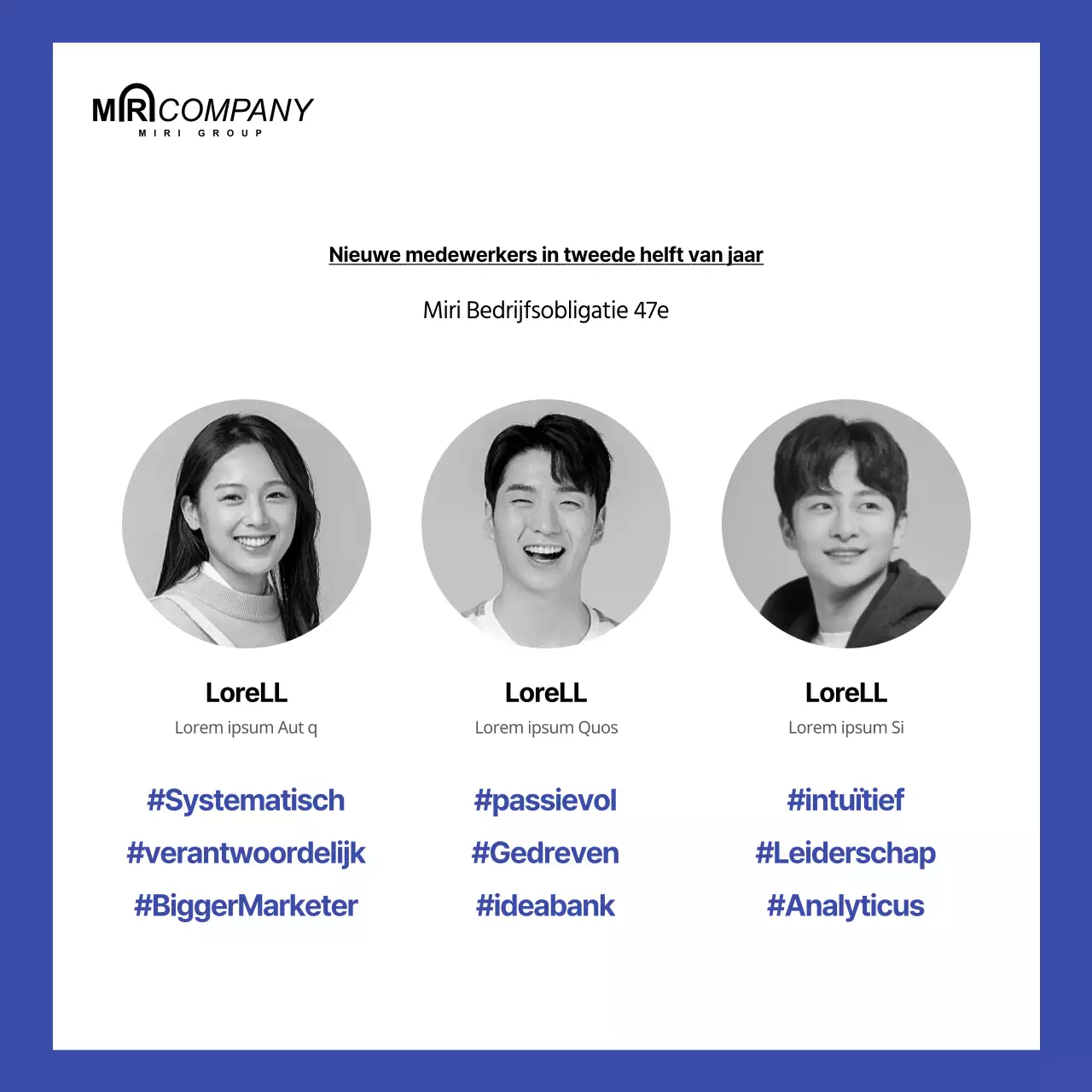 Blauw geel concept zakelijke personeelsintroductiekaart nieuws sociale media inhoud