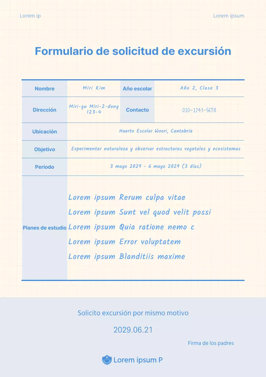 Formulario de solicitud a cuadros azules y amarillos