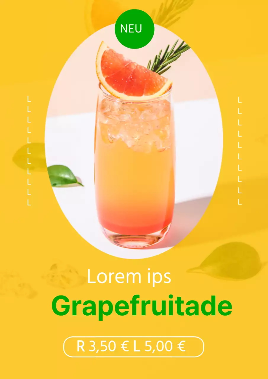 Werbung für ein neues Grapefruitade-Menü mit einem klaren Farbschema in Gelb und Grün