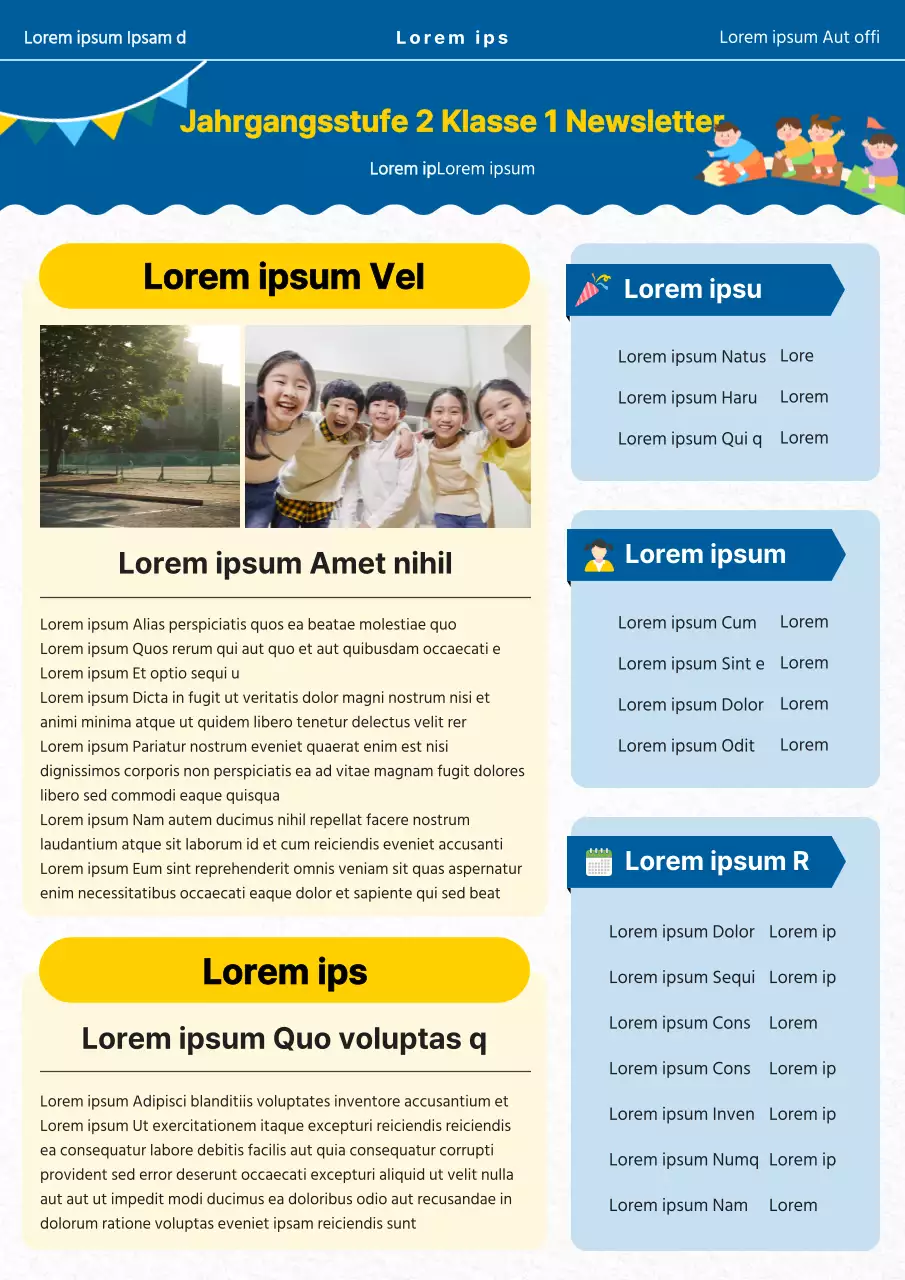 Niedliche gelbe und blaue klassenzeitung Newsletter Dokumentvorlage