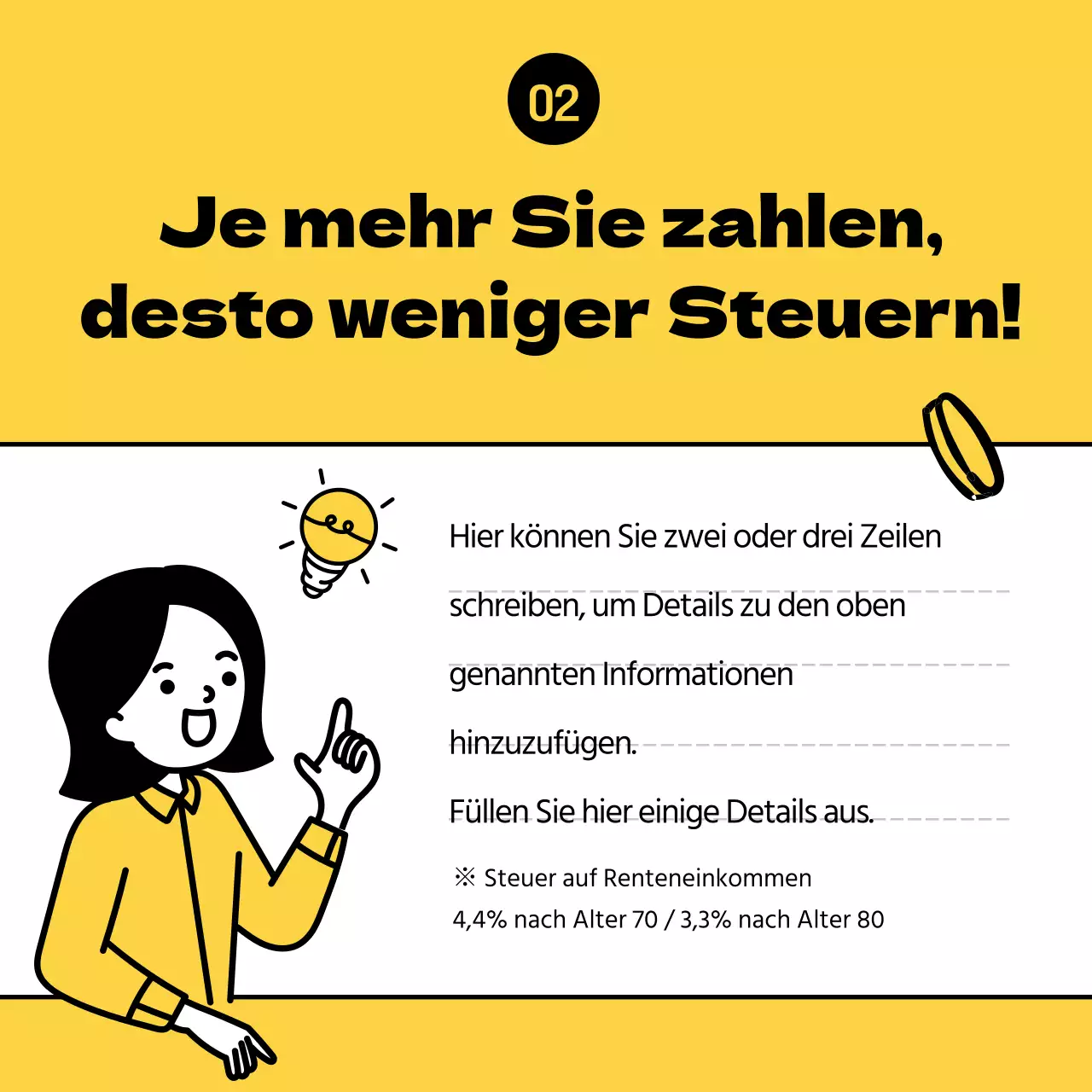 Klare, gelbe Illustrationen zeigen Steuerspartipps für Rentner