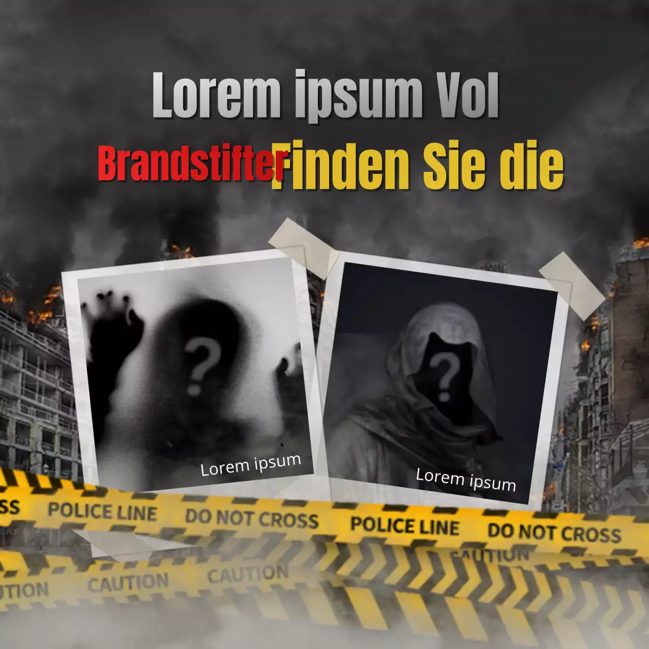 Feuerszene Finde den Brandstifter auf einem dunklen Hintergrund Flucht-Raum-Quiz