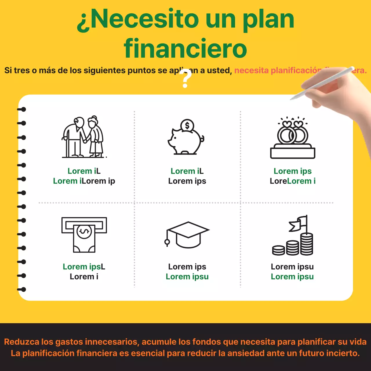 Activos financieros amarillos y verdes Información sobre conocimientos de planificación financiera