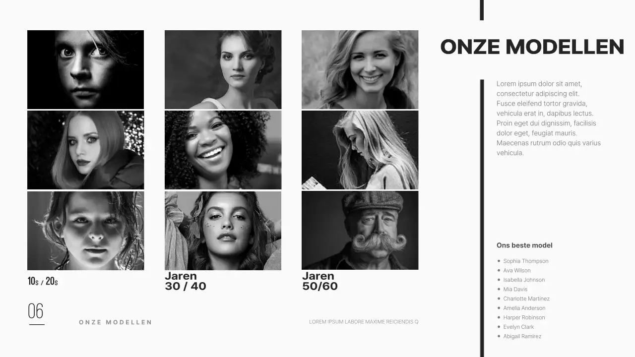 Een strak en modern bedrijfsprofiel van een modellenbureau in zwart.