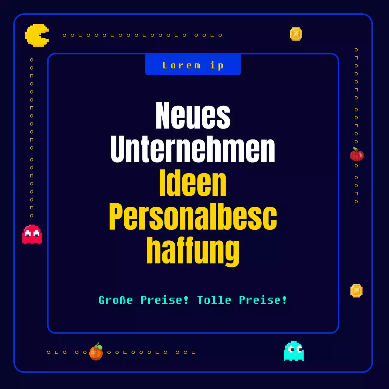 Ein neuartiges, lustiges Retro-Pac-Man-Pixelspiel in Marineblau und Gelb Aufruf zu neuen Geschäftsideen für ein Unternehmen.