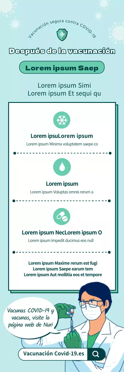 Instrucciones ilustradas de vacunación contra el coronavirus en azul claro y verde