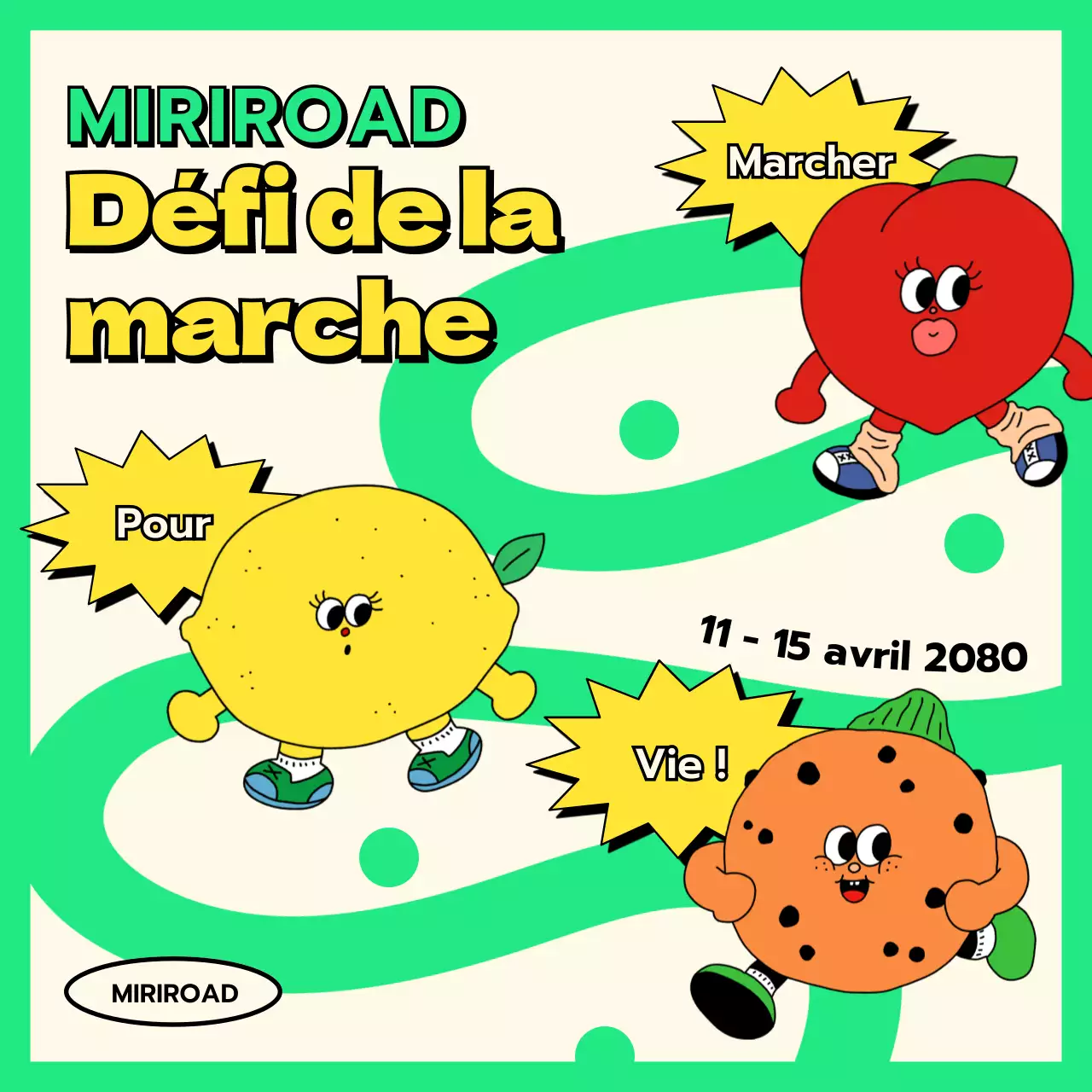 Illustration de fruits kitsch personnage en chartreuse fluorescente Concours de marche de printemps Walking Challenge