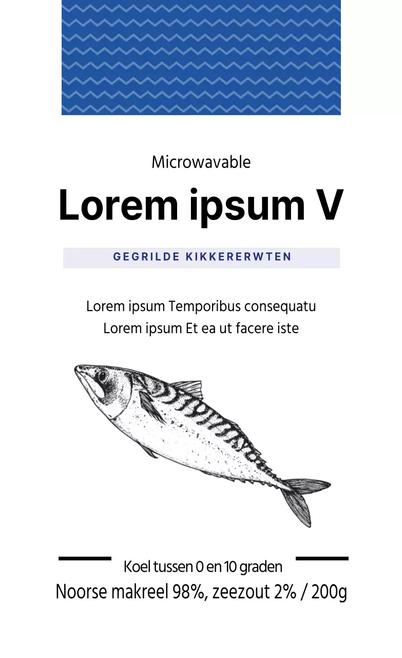 Blauw geïllustreerd visje makreel verpakkingsetiket