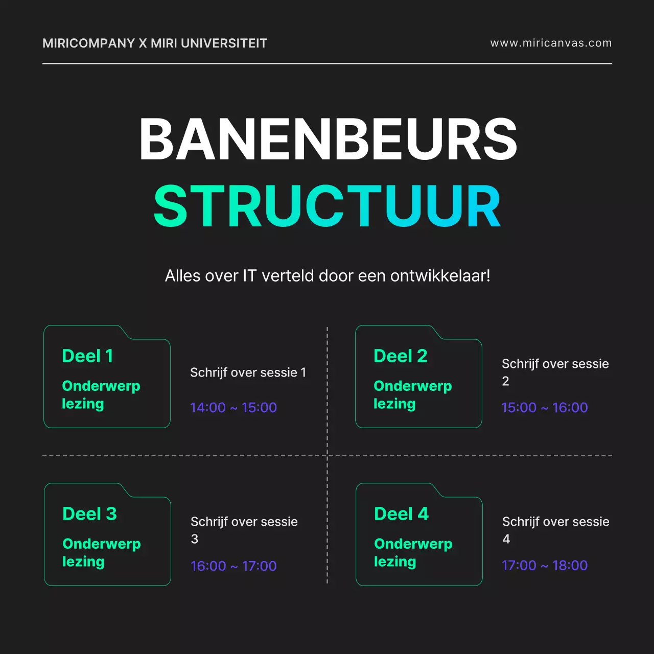 Een online vacature voor een IT-ontwikkelaar met een city-pop gevoel, met geometrische vormen in zwart en neonkleuren.