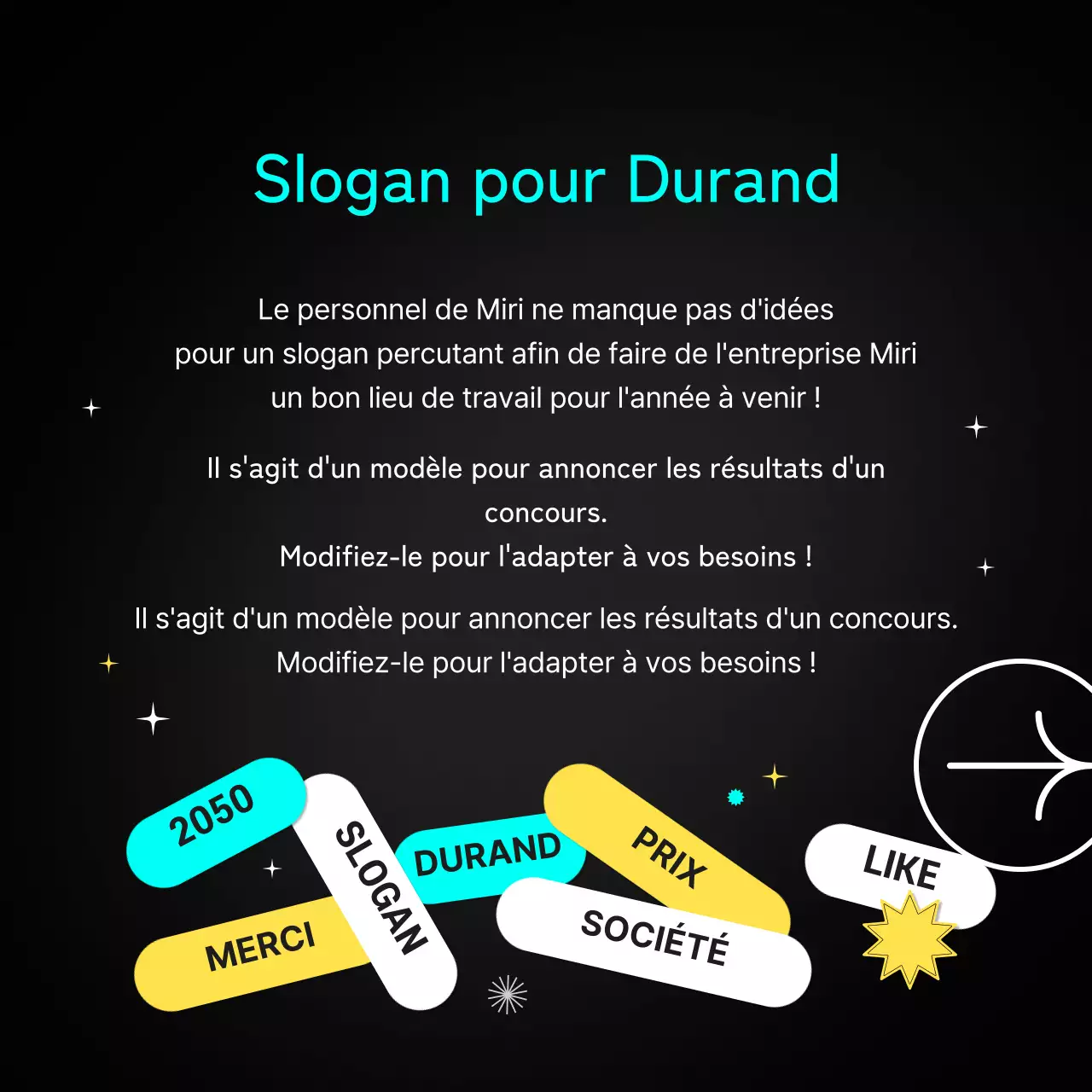 Les gagnants du slogan sont annoncés en noir et blanc avec des points bleu clair et jaunes CardNews
