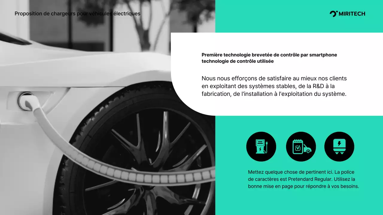 Proposition pour la livraison de chargeurs de véhicules électriques en turquoise et gris Proposition pour la fourniture de pièces pour une transaction B2B Miritech