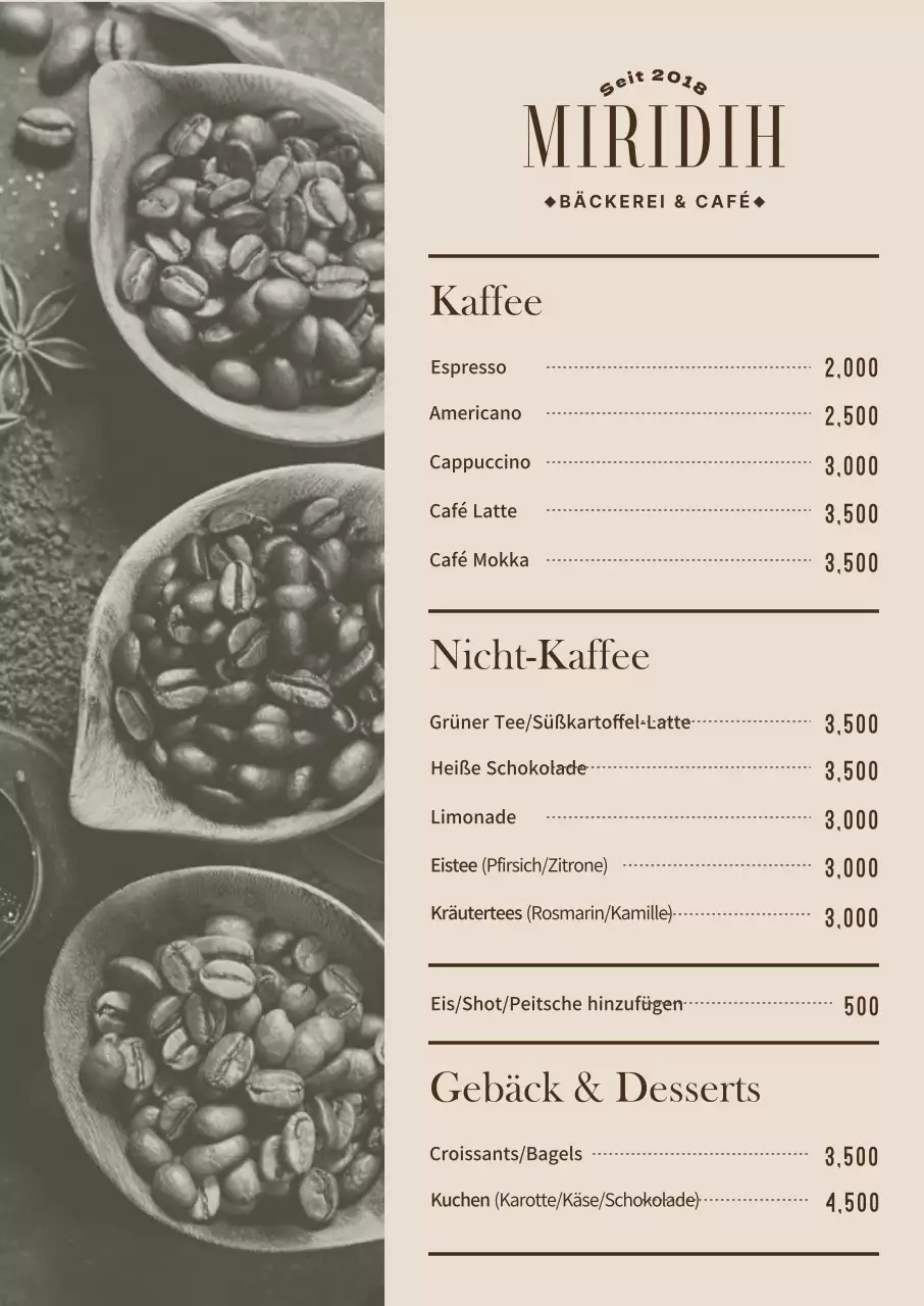 Cafe-Menü-Poster mit Fotos in warmen Beigetönen