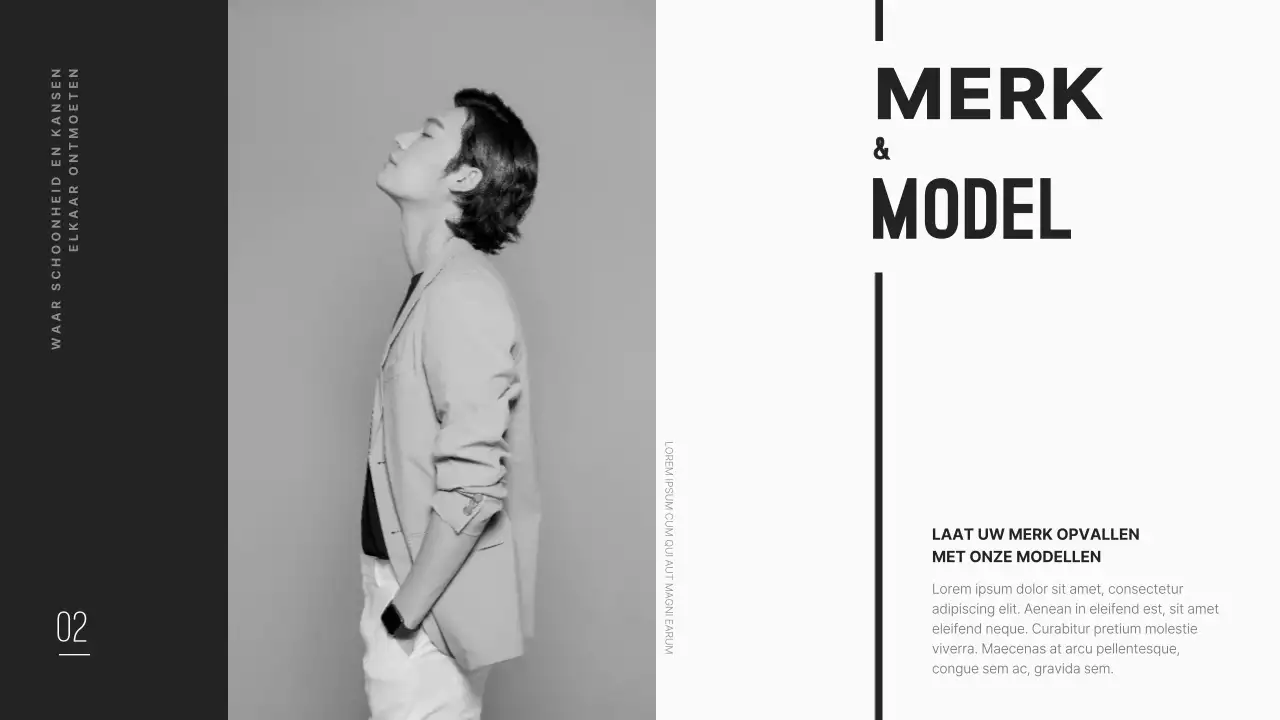 Een strak en modern bedrijfsprofiel van een modellenbureau in zwart.