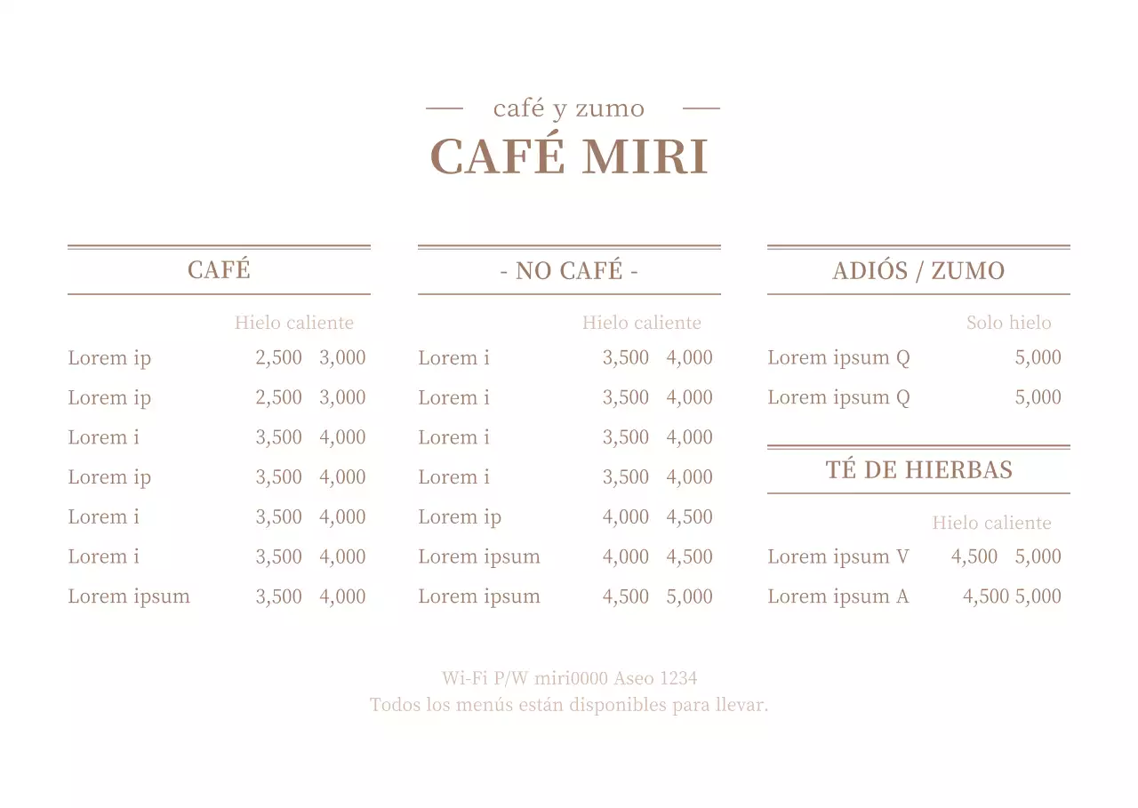 Un menú de cafetería de concepto limpio en blanco y marrón con una lista de precios.