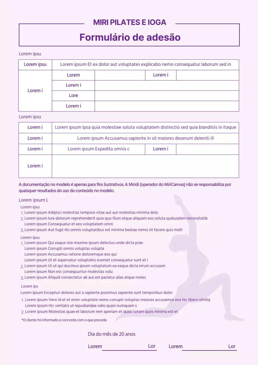Mauve Pilates Yoga Formulário de inscrição Contrato de adesão Aulas de treino Termos e condições de adesão