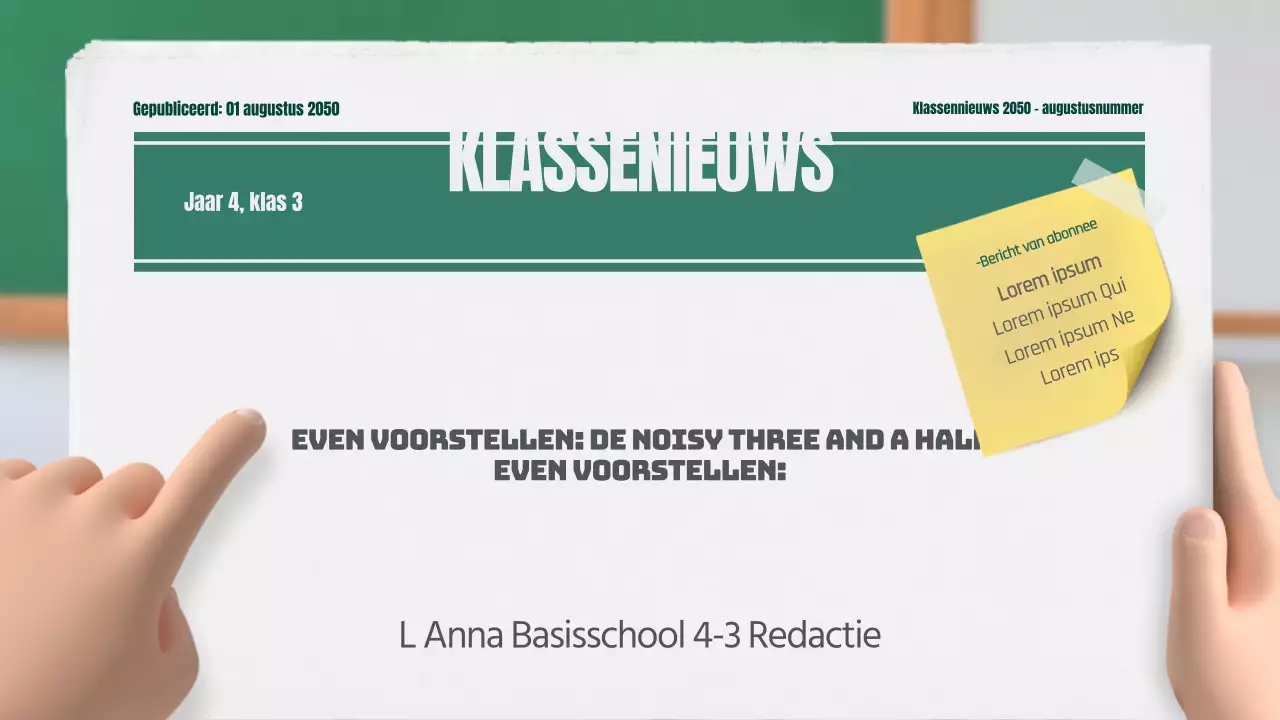 Onze klassenkrant in groen en geel, 3D stereoscopisch