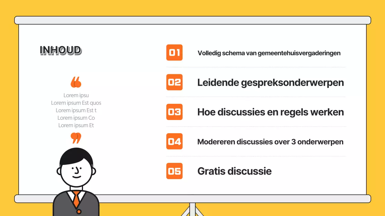 Discussiepresentatie met oranje illustratie