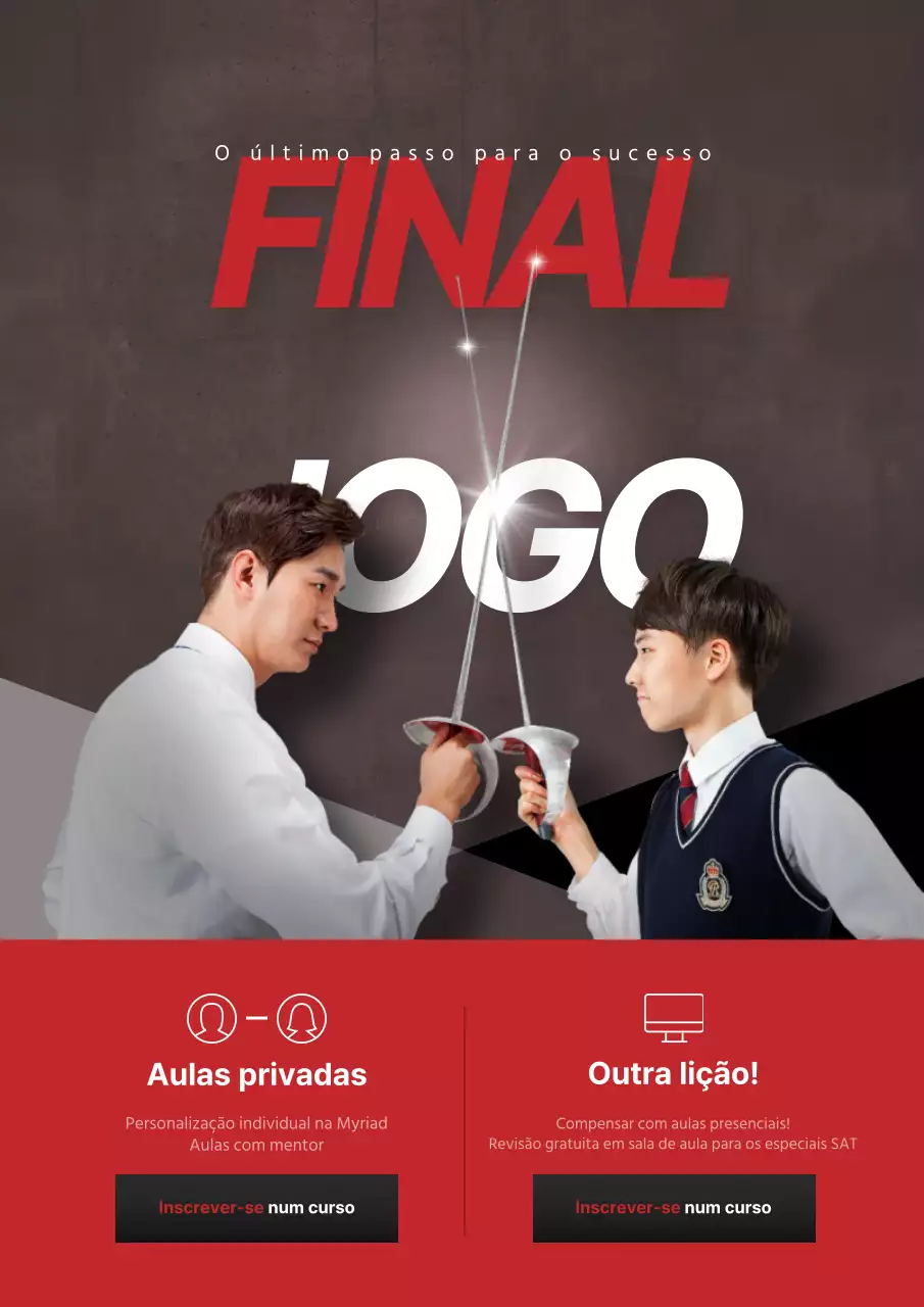 Promoção de uma escola com a imagem de um rapaz vestido de vermelho e cinzento