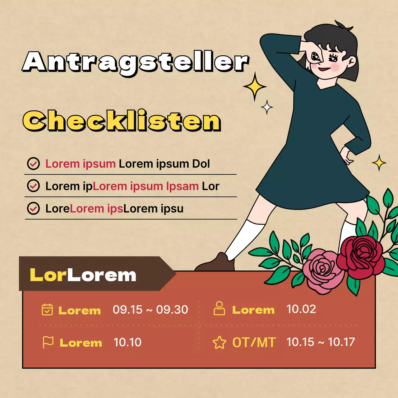 Ein Aufruf zur Bewerbung für einen Club mit Retro-, Vintage-, witzigen und sensiblen Illustrationen in Braun und Beige.