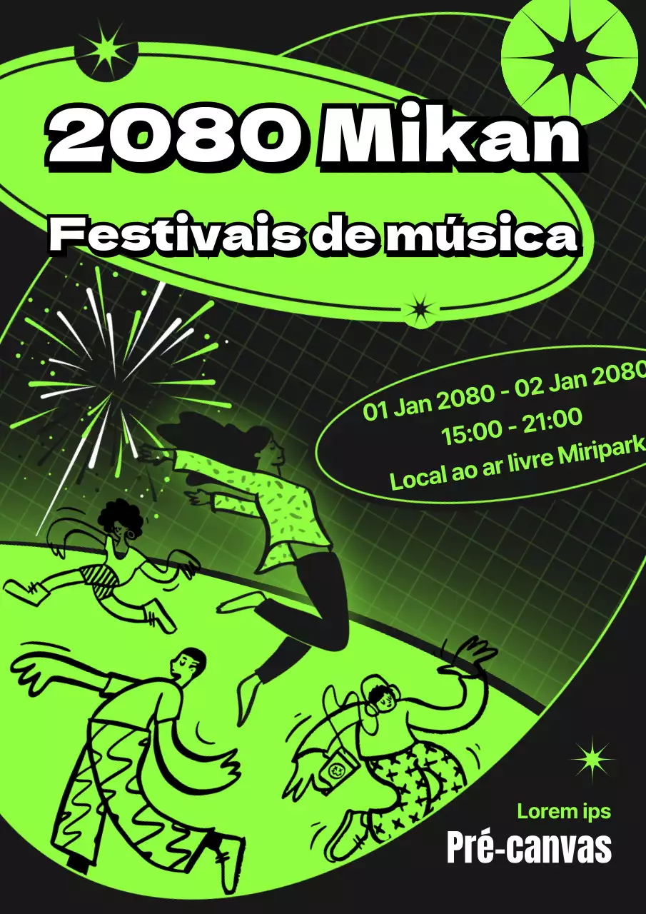 Cartaz de festival de música com pessoas de cores fluorescentes a dançar sobre um fundo preto
