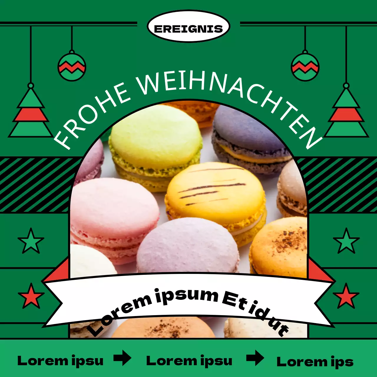 Vorbestellungsrabatt für illustrierte Macarons mit klaren Linien in rot-grünen Weihnachtstönen