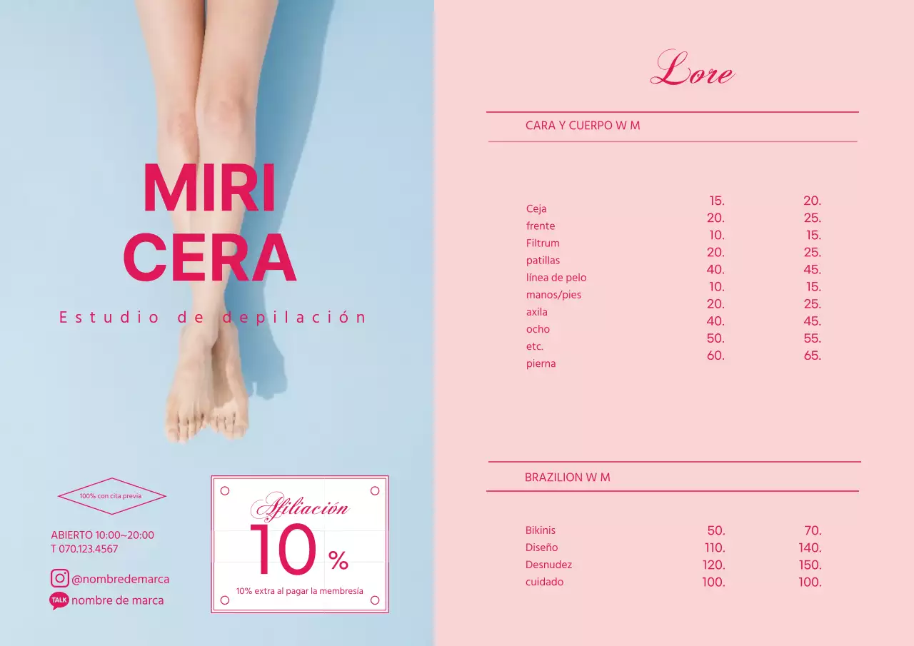 Menú limpio de tienda de depilación con foto rosa destacada