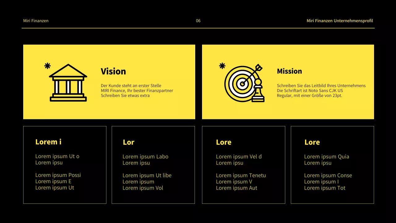 Ein minimalistisches Finanzunternehmensprofil in Gelb und Weiß