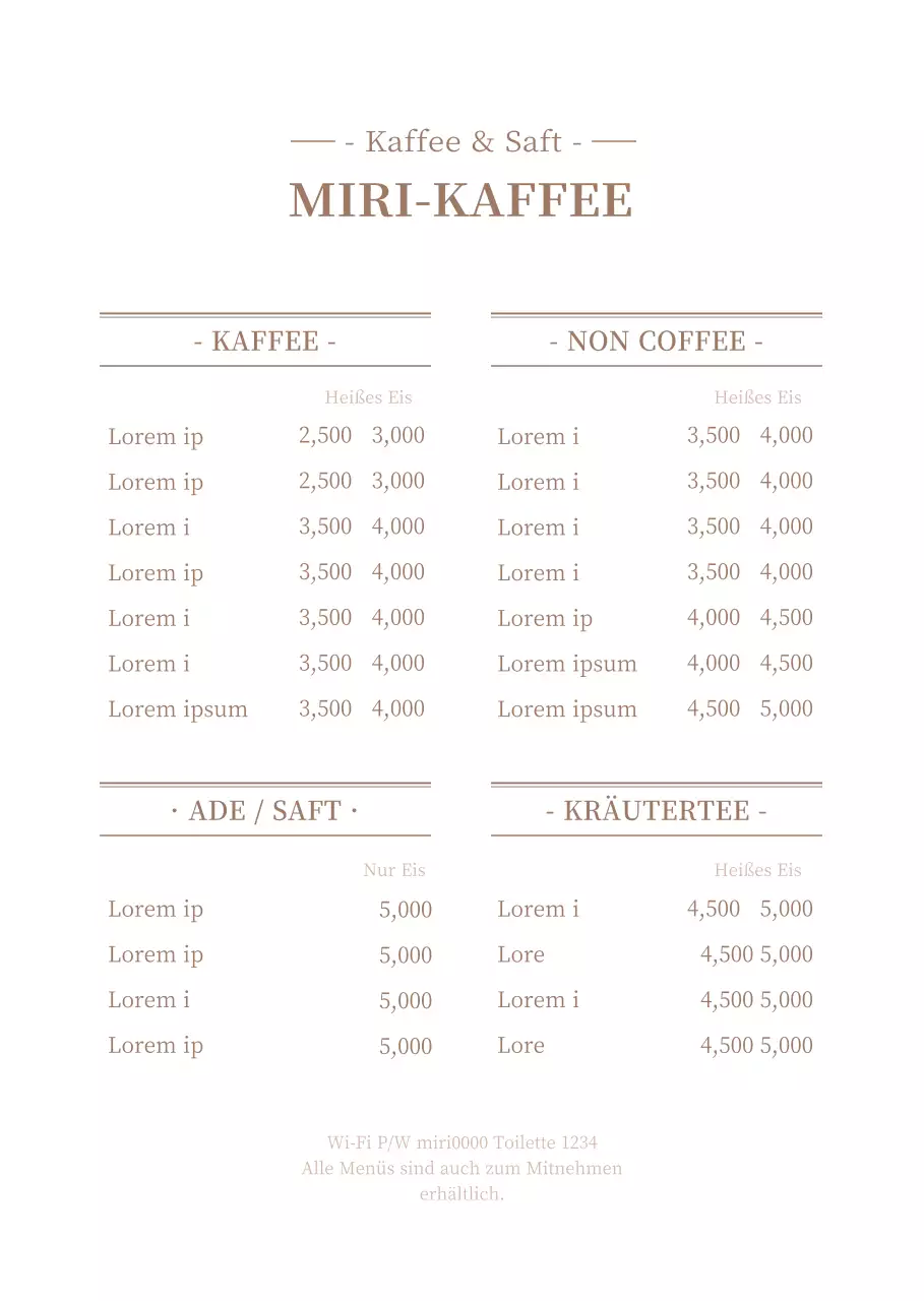 Sauberes weißes und braunes Konzept Cafe-Menü mit Preisliste