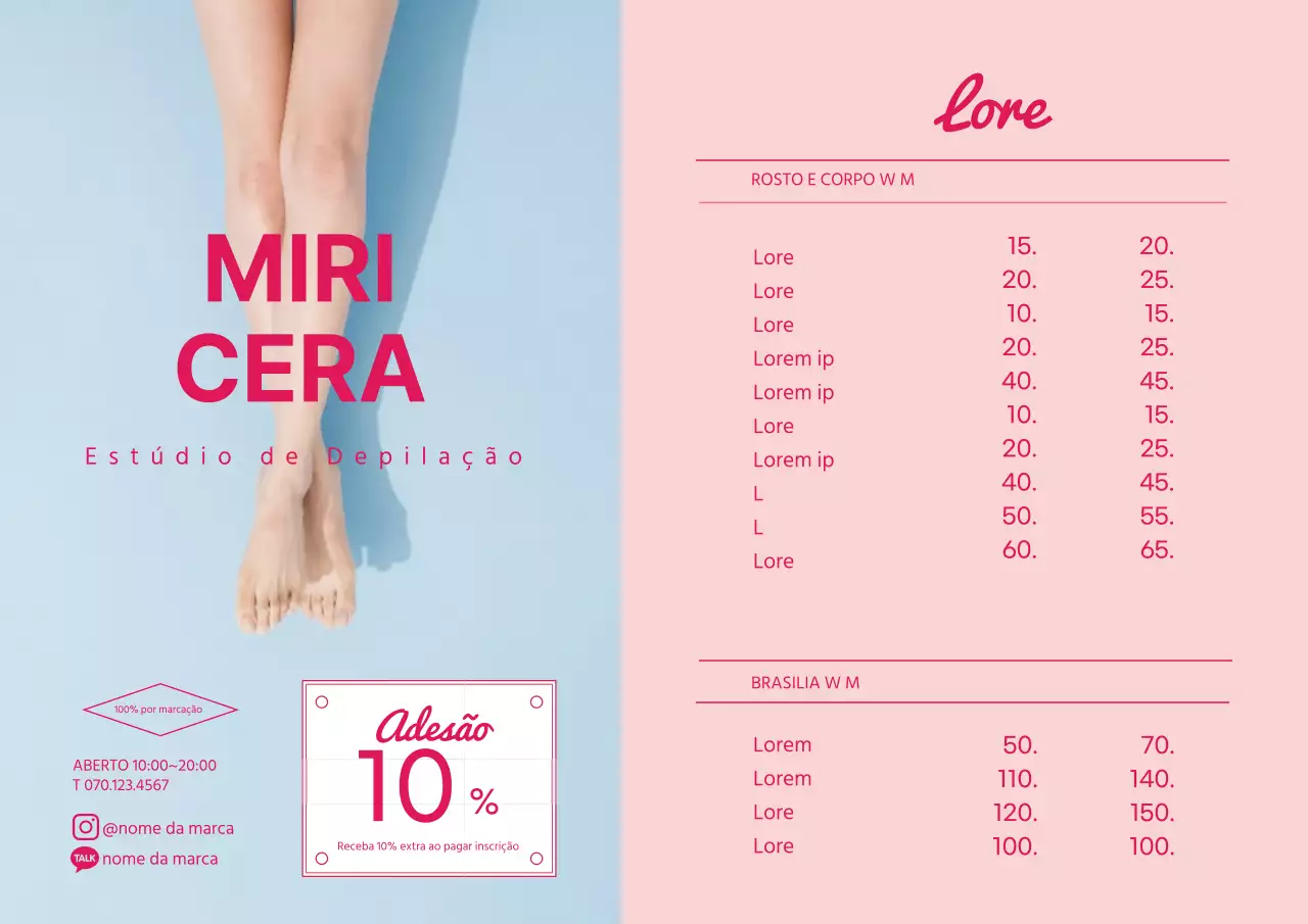Menu de loja de depilação limpa com destaque para fotografia cor-de-rosa