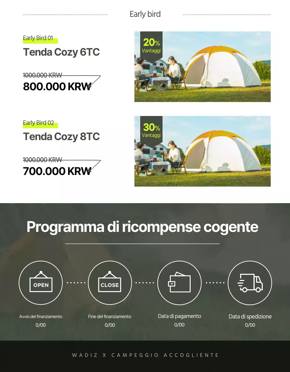 Tenda a cupola Wadiz con un layout pulito in verde fluorescente