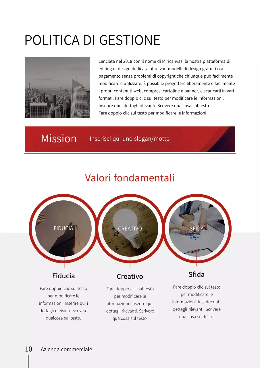 Modello di documento verticale di profilo aziendale ispirato a un edificio urbano rosso e nero