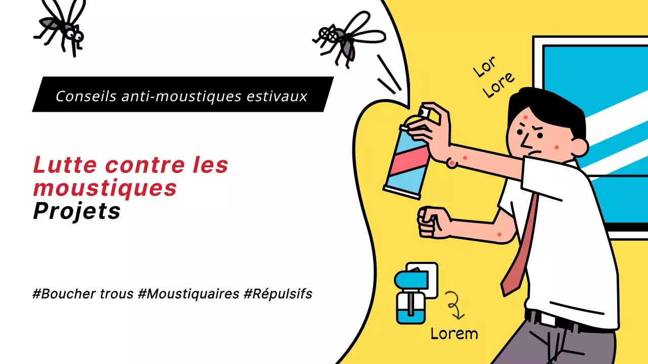 Conseils pour l'élimination des moustiques, vignette YouTube sur fond jaune, illustration d'un concept de moustique