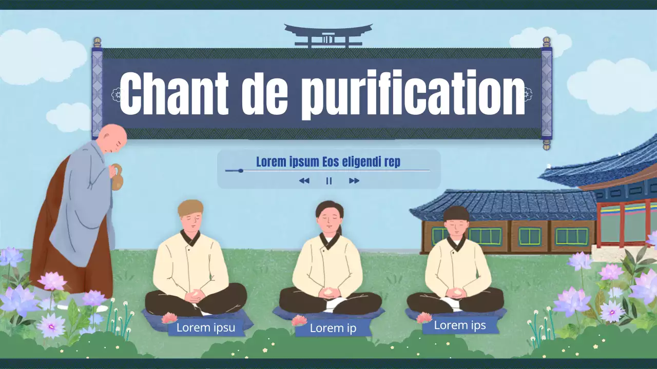 Miniature YouTube de chants bouddhistes visant à purifier l'esprit dans les couleurs traditionnelles bleu marine et vert.