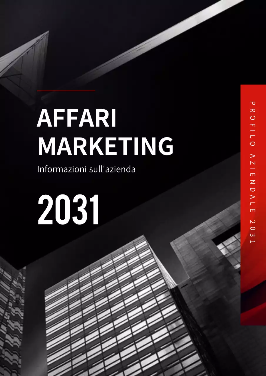 Modello di documento verticale di profilo aziendale ispirato a un edificio urbano rosso e nero