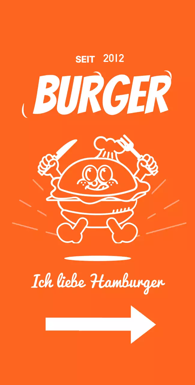 Schild mit einer Speisekarte mit der Illustration eines Hamburgers auf orangefarbenem Hintergrund