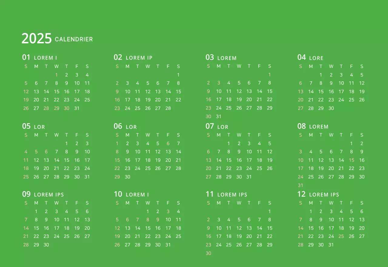 Calendrier de bureau illustré vert sur le thème de la famille