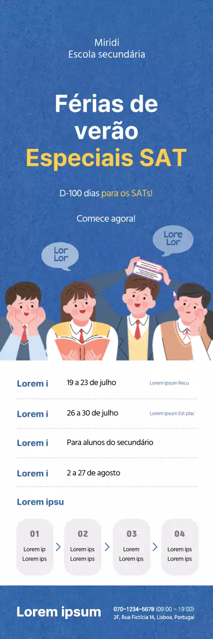 Banner promocional de escola preparatória para o SAT de verão com ilustração azul