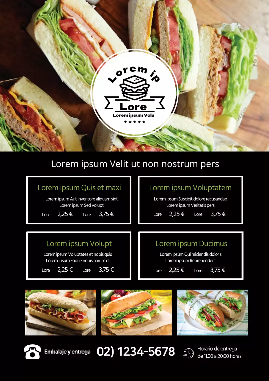 Menú de bocadillo de restaurante limpio con foto resaltada en negro