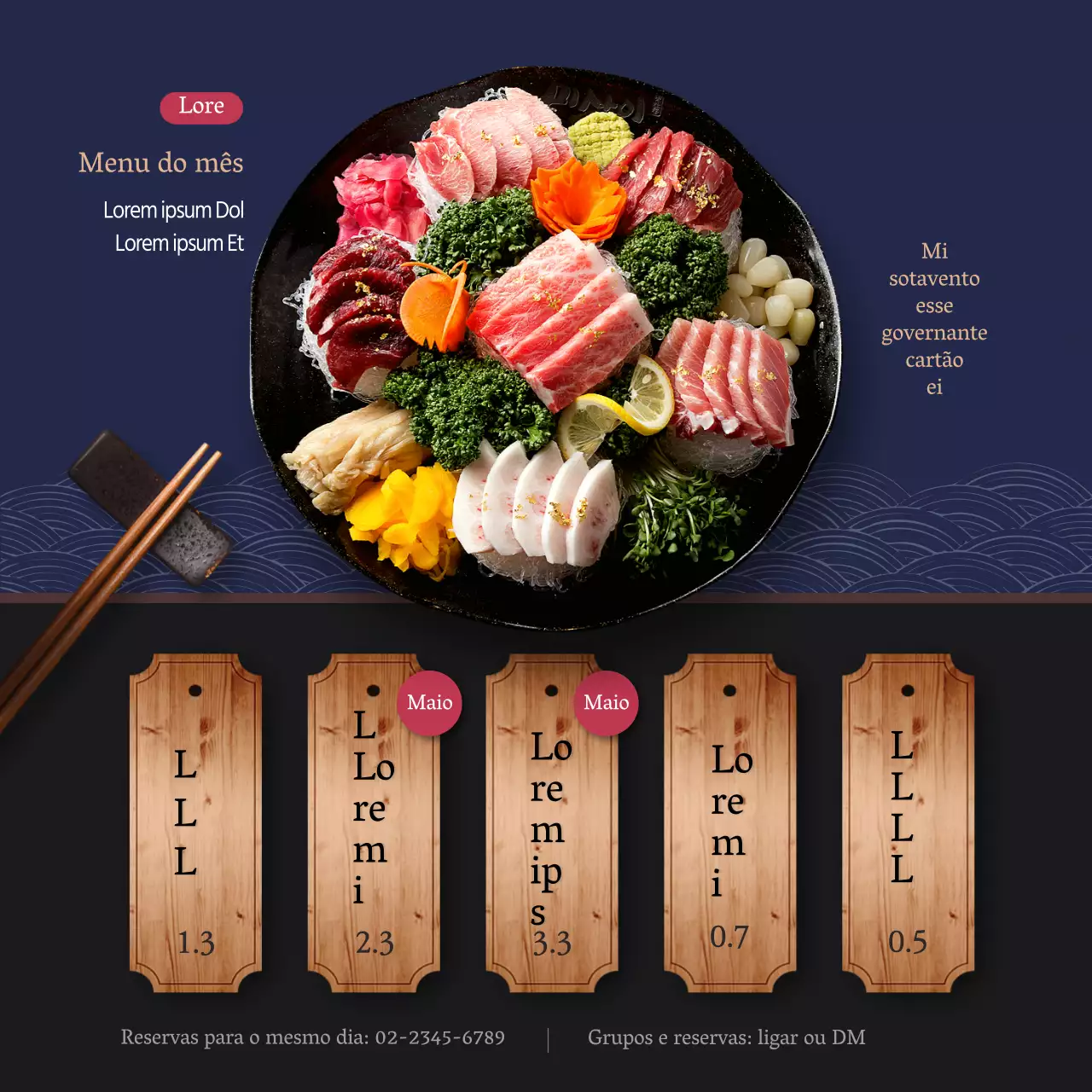 Fresco e delicioso izakaya japonês em azul-marinho e preto com um menu japonês sazonal
