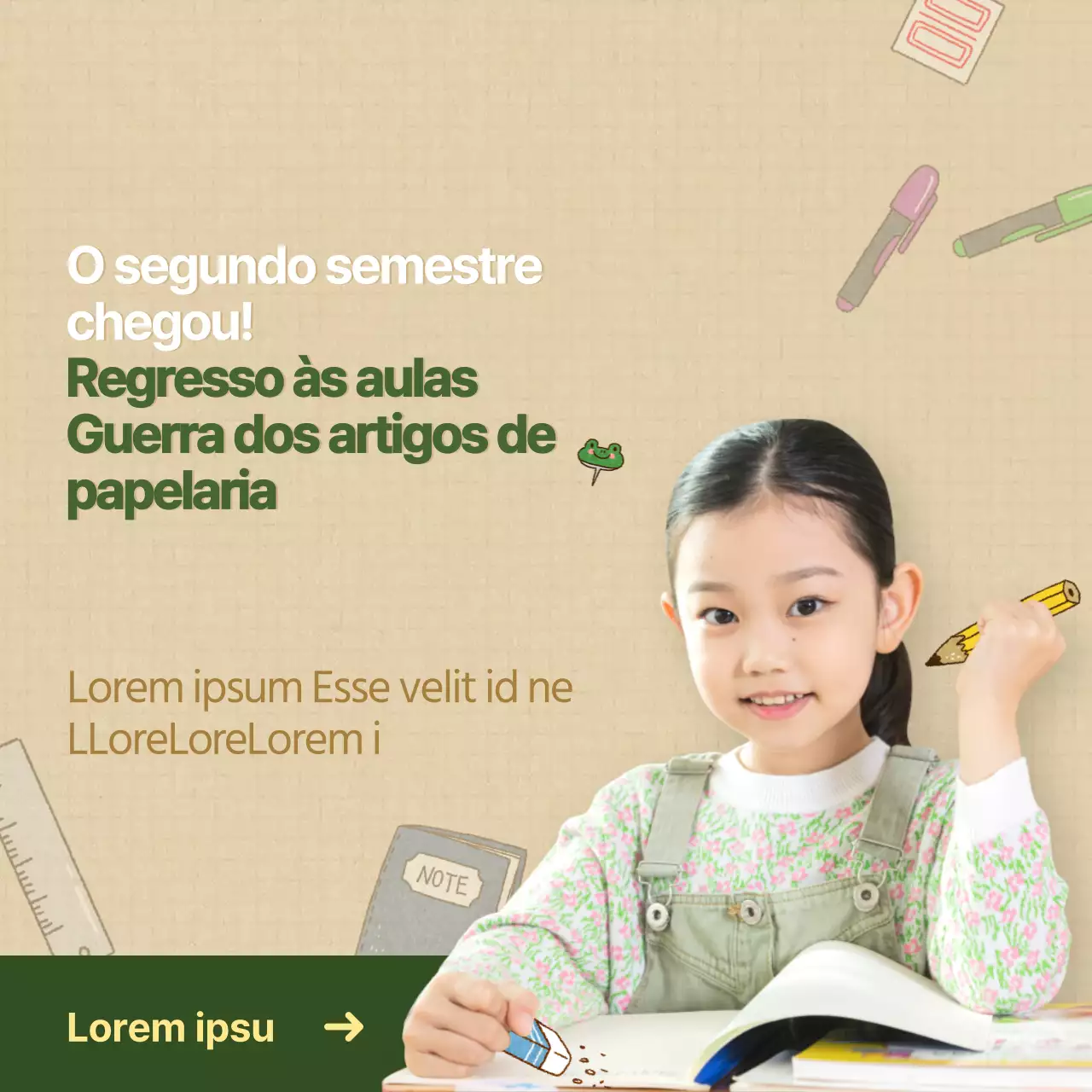 Venda de artigos de papelaria verdes e castanhos para o regresso às aulas